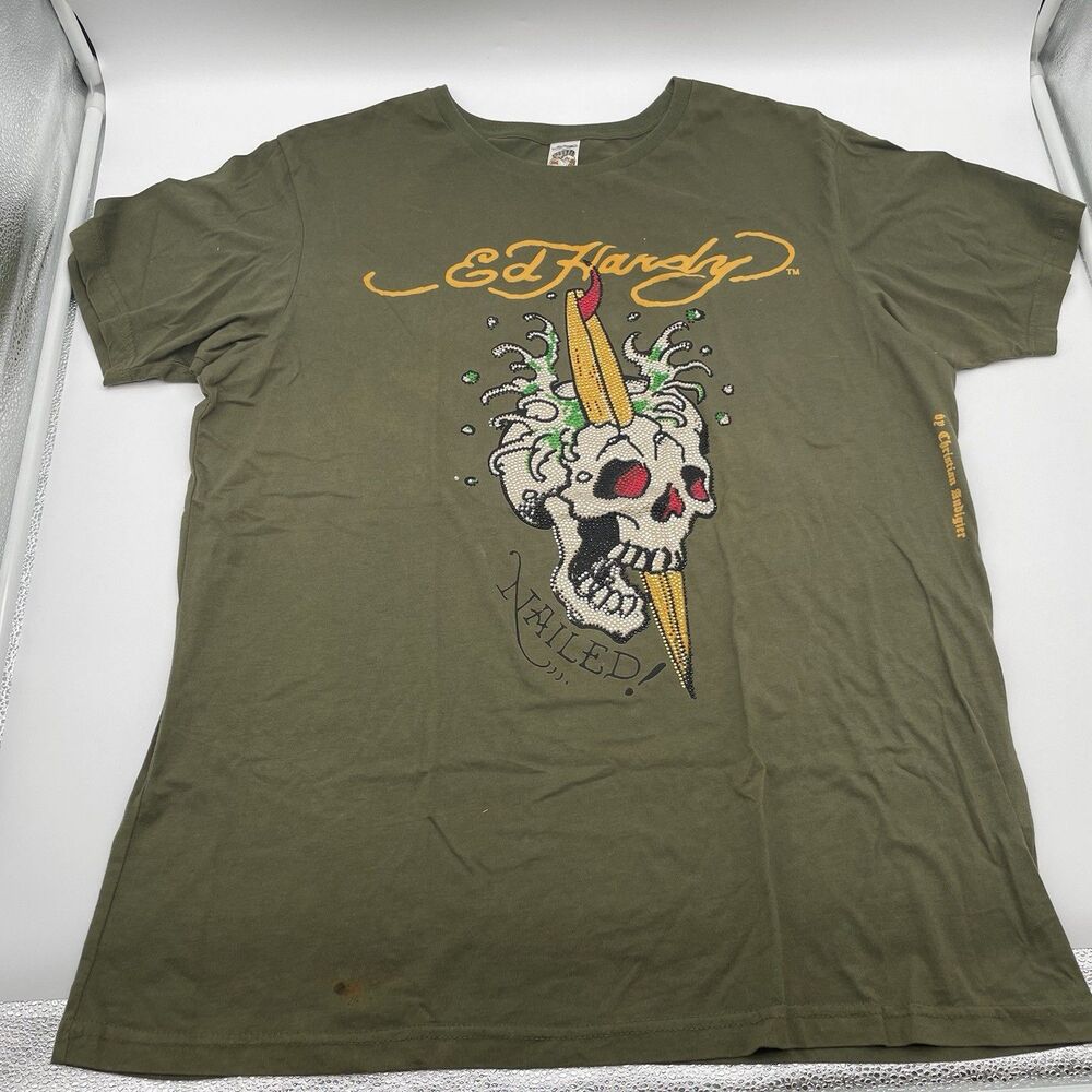 Ed Hardy Christian Audigier “Nailed” T-shirt Bling Skull “Surf Rats” XL